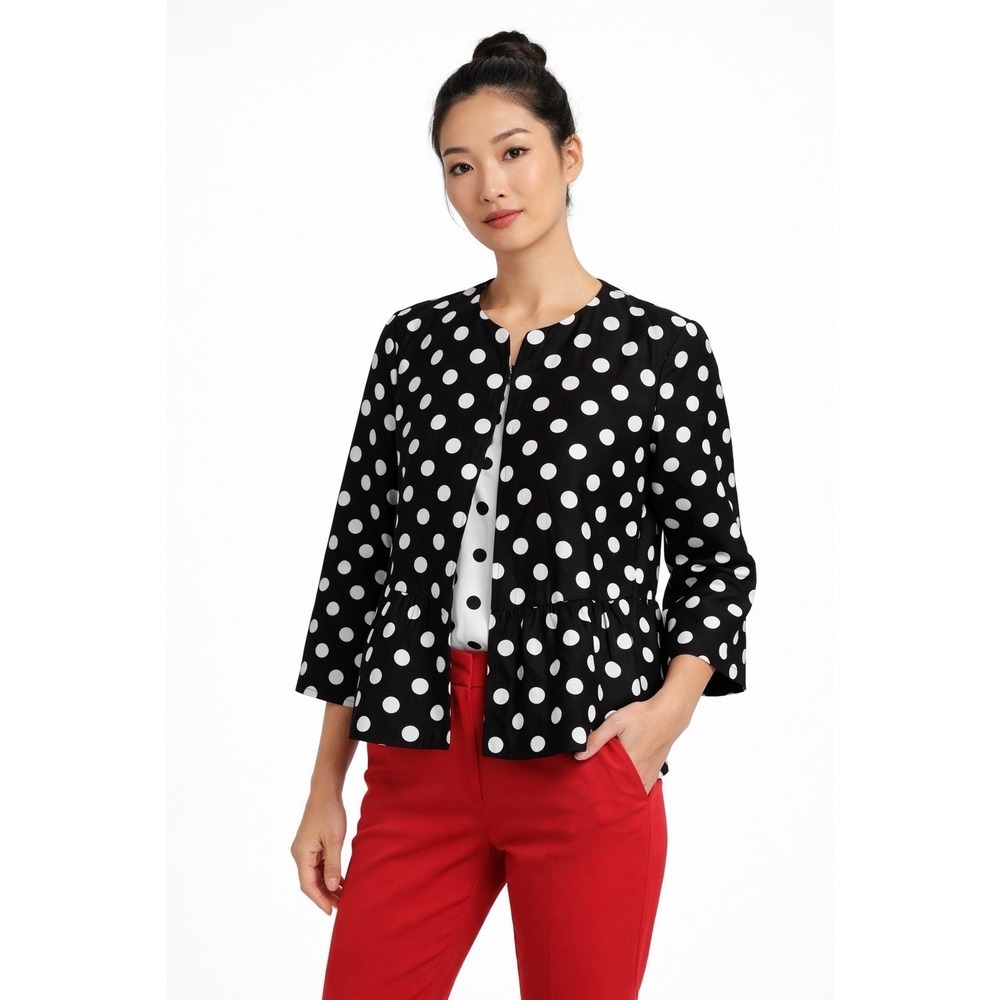LOFT Black White Polka Dot Peplum Blazer Jacket Open Front S Preppy Chic 50-43